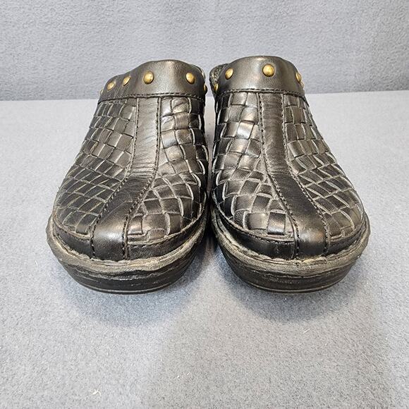 Born Womens Clogs Size 7 Leather Black Slip On Wedge Rivet Weave Festival Comfy - Picture 3 of 11